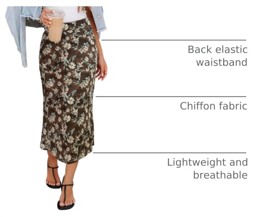 Image of HERBATOMIA Women's Floral Print Midi Skirt Casual High Elastic Waist Zipper Vintage Long Boho Skirts for Women