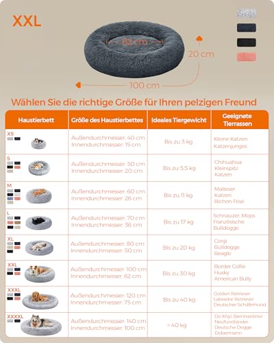 Feandrea Hundebett flauschig, Katzenbett, Donut Kissen, waschbar, Polsterung in der Mitte herausnehmbar, Langer Plüsch, 100 cm Durchmesser, dunkelgrau PGW042G02