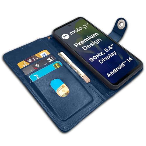 Image of Pikkme Moto G04 Flip Cover Leather Finish | Inside TPU with Card Pockets | Wallet Stand and Shock Proof | Complete Protection Button Flip Case (Blue)