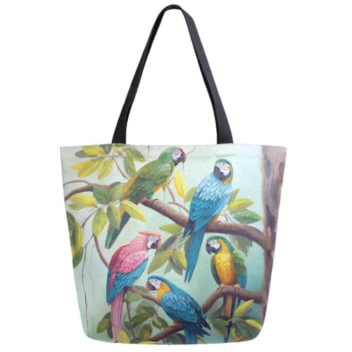 Beautiful Colors Parrots Group on Tree Branch Extra Large Canvas Gym Shoulder Tote, Reusable Daily Durable Top Handle Bag for Mens Womens Yoga Weekender Picnic Beach Travel Market Shopping
