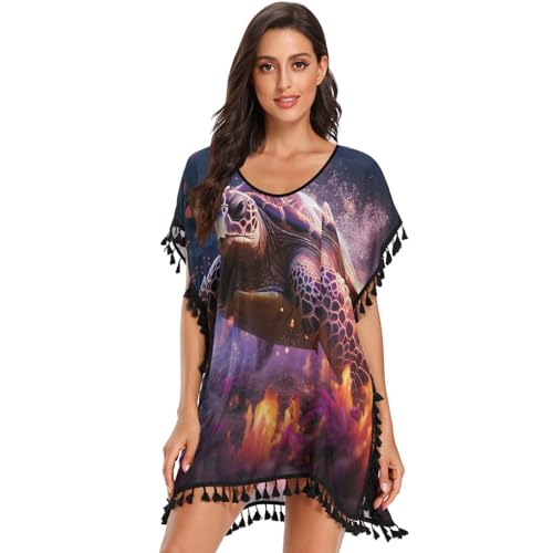 Angry Sea Turtle Purple Fire Women's Beach Cover Up Chiffon Tassel Swimwear Swimsuit Coverups for Girl