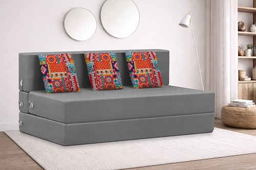 Image of Rosebell Three Seater Foldable Sofa Cum Bed (5x6 Feet) ? Jute Fabric, Washable Removable Cover, Includes Cushion | Space Saving Convertible Sofa Bed for Home, Office & Guests - Grey