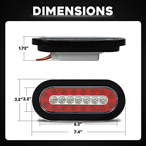 Fsbcgt 2Pcs 6.3" Inch Oval Truck Trailer Led Tail Lights 23 Leds Stop Brake Lights Taillights Running Red And White Backup Reverse Lights With Reflectors Rubber Grommet Flush Mount #TOP1