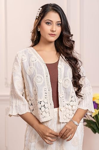 Image of CHEVAUX Womens Embroidered Crochet Co-ord Set Self Design Straight Skirt with Shrug Jacket Ethnic Western Outfit for Women and Girls Casual Partee-Wear Summer Dress Set