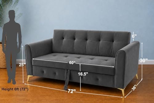 Image of Adorn India Premium Mystic - 3 Years Warranty - 3 Seater Sofa Cum Bed Velvet Suede Fabric - Dark Grey