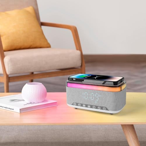 Jimhaby Radio Alarm Clock Bedside, Atmosphere Digital Alarm Clocks with 15W Wireless Charger, 5.3 Bluetooth Speaker, Fast Qi Wireless Charger, FM Radio, USB Charging Port, Table Lamp for Bedroom, Des - Image 2