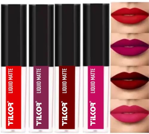 Image of Liquid Lipstick Set | Waterproof, Non-Transfer, Long Lasting & Lightweight Lip Color | High Shine, Moisturizing & Long Lasting Lip Gloss for Women - 5 ml (Red 2, Pack of 4)