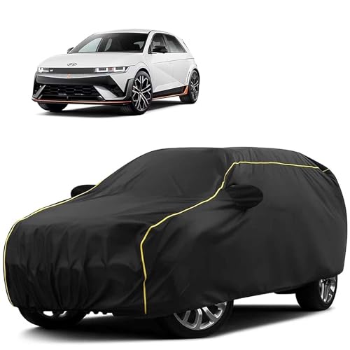 Image of Sulfar 100% Water Resistant Car Body Cover Compatible with Mirror for Hyundai IONIQ 5 (Triple Stitched, Full Bottom Elastic, Black Tafetta with Yellow Piping)