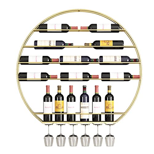 KISYHOLG Botellero Industrial Moderno de Pared Redondo con Soporte para Copas, para exhibir Fotos flotantes, Ideal para Comedor y Bar, con Elegante Acabado Dorado.