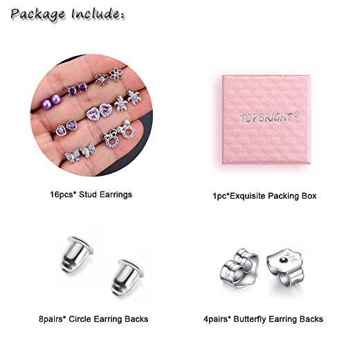 TOPBRIGHT 8 Pairs Hypoallergenic Earrings 925 Sterling Silver Stud Earrings Heart CZ Tiny Butterfly For Kids, Toddlers, Little Girls, Teens, Women2