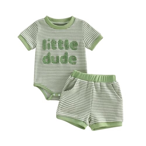 Image of Onfmst Mamas Boy Baby Clothes​ Summer Newborn 3 6 9 12 Months Striped Waffle Knit Short Sleeve Romper Shorts Set Outfit