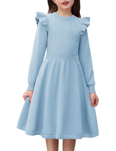 Arshiner Vestido de Punto para Niña Vestido de Suéter con Volantes Vestido de Manga Larga Otoño Invierno Vestido de Fiesta Infantil Azul 16