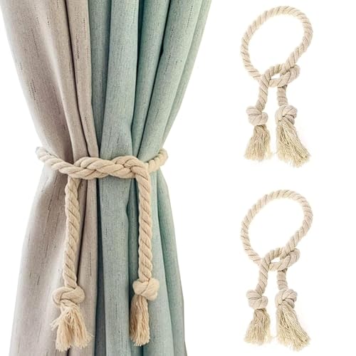 2 Piezas Abrazaderas Cortinas, Tiebacks de Cortina Trenzados a Mano, alzapaños de algodón Tejido a Mano Decoración de Sala de Estar para Dormitorio Salón Exteriores y Oficina (Beige)