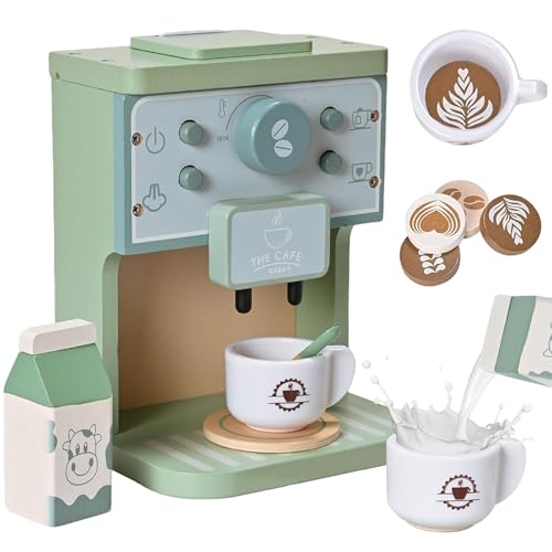 Kids Wooden Coffee Maker Toy Montessori Pretend Play Food Kitchen Accessories,Play Coffee Maker Set for Kids,Espresso Machine Playset Montessori Kitchen Toy for 3 4 5 Year Old Girls&Boys(14 Pcs)
