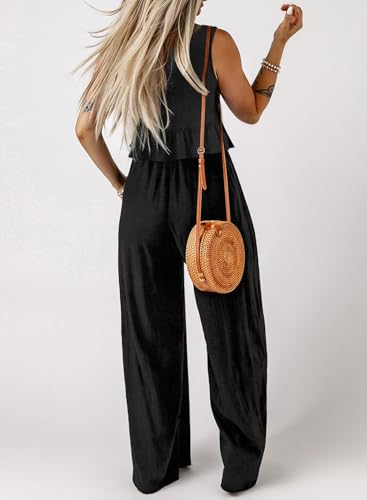 Image of Dokotoo Pants Sets Women 2 Piece Outfits Sleeveless Round Neck Tank Tops Matching Sets for Women Elastic Waist Wide Leg