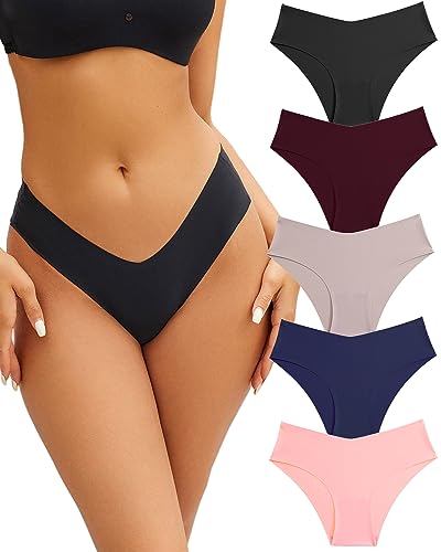 Women’s Seamless Underwear Soft Stretch Briefs Invisibles Hipster V Cut cheeky No Show Bikini Panties 5 pack XS-L