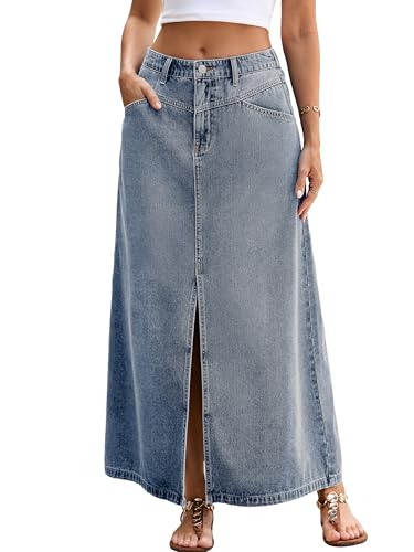 Glamaker Women Denim Long A line Slit Skirts Stretch High Waisted Trendy Casual Maxi Jean Skirt with Pockets Snow Blue L