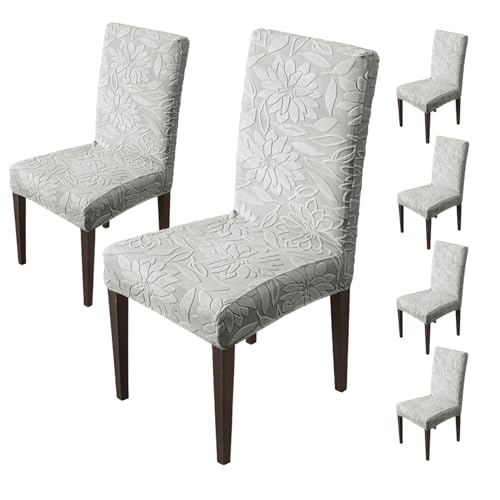 Image of House of Quirk Stretchy Universal Camellia Jacquard Waterproof Chair Cover Removable & Washable Short Dining Chair Cover Protector Seat Slipcover (Dark Grey,Pack of 6)