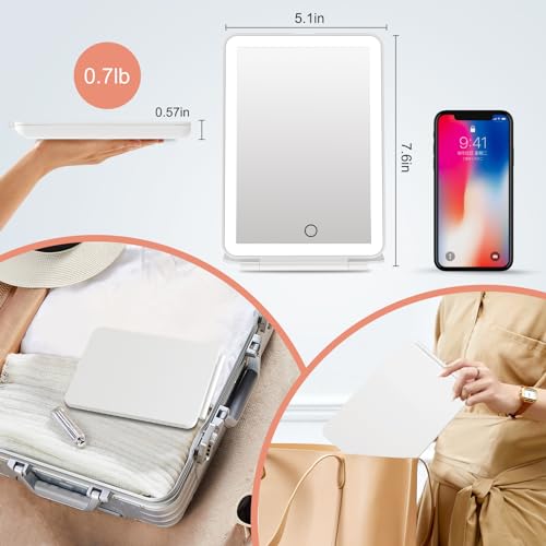 FUNTOUCH Kosmetikspiegel mit Beleuchtung, 2000mAh Wiederaufladbarer Tragbarer Ultraschlanker Reisespiegel mit Licht, 3 Farblichter Schminkspiegel, Faltbarer Makeup Spiegel für Zuhause Reise