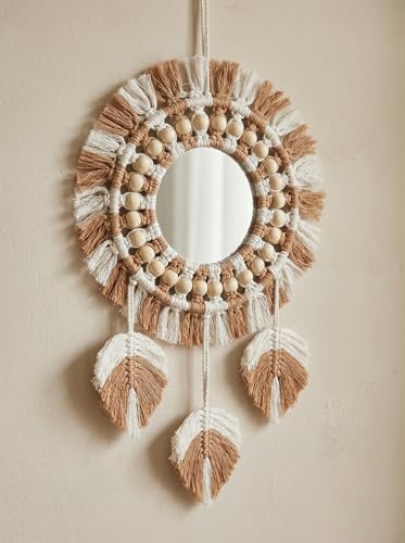 Image of JH Gallery Boho Macrame Mirror Wall Hanging - Handcrafted Cotton Rope Round Mirror with Tassels & Wooden Beads for Home, Bedroom & Entryway Decor(Brown)