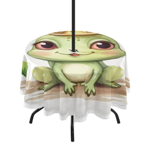 Wajiw 60 Inch Indoor Outdoor Round Tablecloth with Umbrella Hole and Zipper Waterproof Patio Table Cover for Camping Dining Room Party Outdoor Picnic,Frog