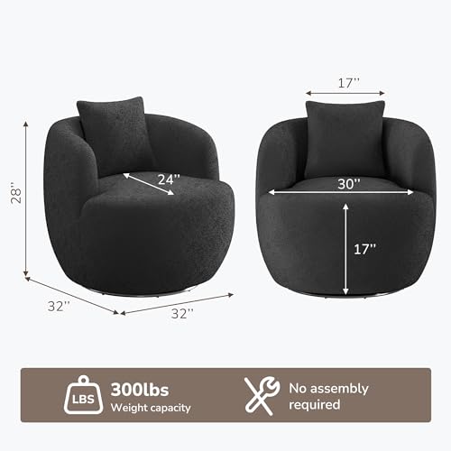 Image of BELLEZE Modern Round Boucle Swivel Armchair - Curved Backrest Upholstered 360 Swivel Sofa Accent Chair with Pillow, Comfy for Living Room - Francisco (Black)