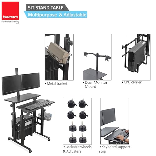 Image of Isomars Computer /Laptop Table with Dual Monitor Mount, Adjustable Height & Angles, Sit Stand Table, Computer Desktop Workstation Useful for Gadgets Like Desktop, Laptop, etc. (Black).