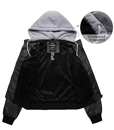 wantdo Women's PU Leather Hooded Jacket