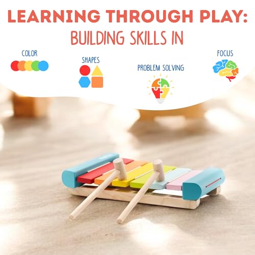 Image of Cubika Wooden Toy Xylophone - Montessori Musical Toy for Toddlers Ages 18 Months+ - Includes 2 Wooden Mallets - FSC-Certified Wood, German Water-Based Paint - Wooden Toys for Toddlers