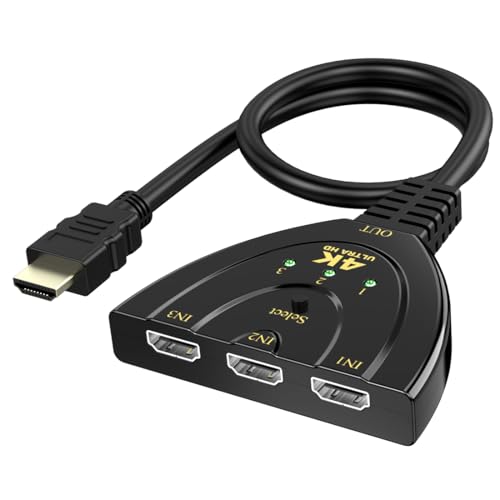 HDMI Switch 3 in 1 Out, 4K HDMI Splitter 3-Port HDMI Switcher Selector with HDMI Cable Support Full HD 4K 1080P 3D Compatible with Fire Stick, HDTV, PS4 Game Console, PC