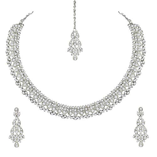 Atasi International Silver Plated AD Crystal Austrian Diamond Necklace Jewellery Set with Earrings & Maang Tikka