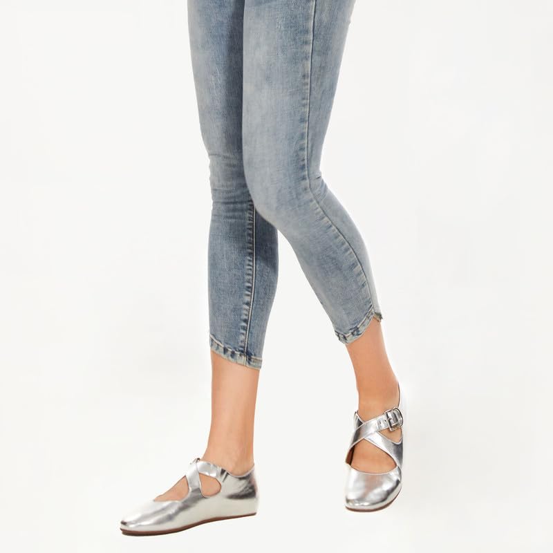 Modatope Womens Ballet Flats Silver Mary Jane Flat Shoes for Women Dressy Work Comfortable Round Closed Toe Strappy Ballerina Flats Size 82