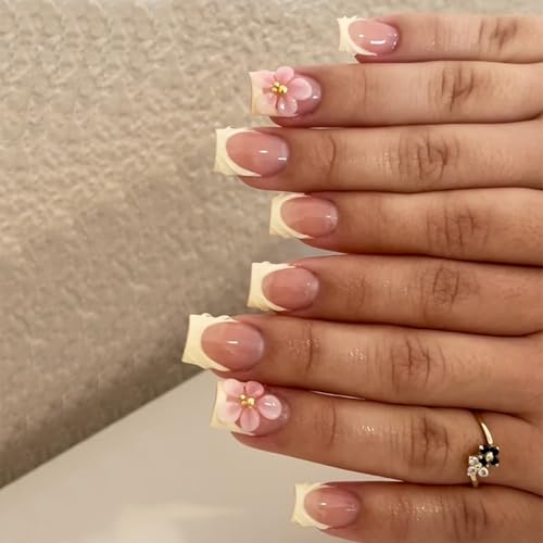 24 Pcs 3D Flower Fake Nails Short Square Press on Nails Light Yellow French False Nail with Flower Golden Pearl Designs Glossy Glue on Nail DIY for Women Manicure Art