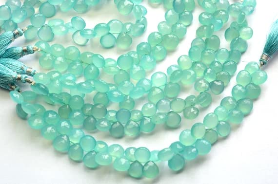 LKBEADS 8 Inch 10-12mm Natural Mint Aqua Chalcedony Heart- Polished-Fine Shaped-Chalcedony Briolette