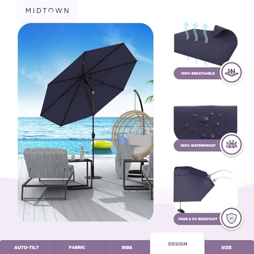Image of Midtown Umbrellas - 10-Year-No-Fade 8 Ft Patio Umbrella with Terylast Fabric, Auto-Tilt Aluminum Frame and 8 Reinforced Ribs for Deck, Pool, Garden & Beach - Navy Blue Canopy, Black Pole