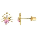 14k Gold Spider Stud Earrings Pink & white Cubic Zirconia Stones 5/16 inch Tall