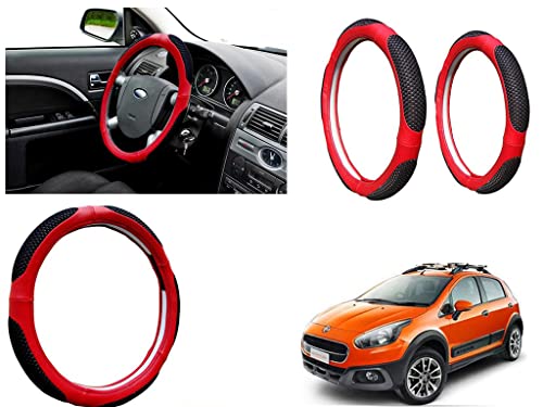 Image of Microfiber Car Steering Wheel Cover, Soft Padding Great Hand Feel, Anti-Slip, Faux Leather Steering Cover for Fiat Aventura | Black Red Jali - Pack of 1