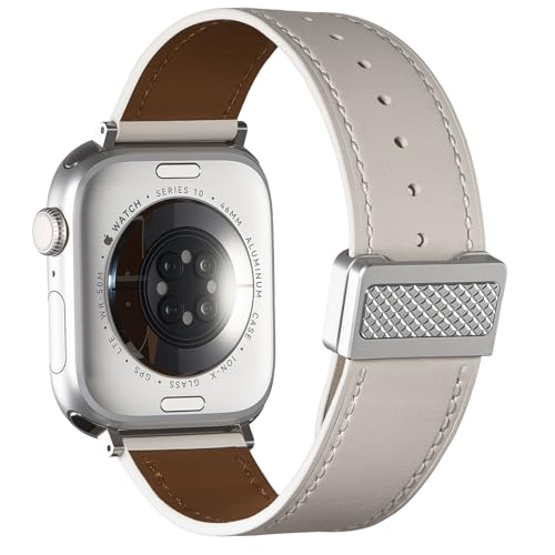 BESTSURE Magnetic Leather Band for Apple Watch Ultra 3/2/1 SE3/SE2/SE/Series 11/10/9/8/7/6/5/4/3/2/1, Durable Stylish Genuine Leather with Magnetic Buckle Apple Watch Band for Men Women(White)