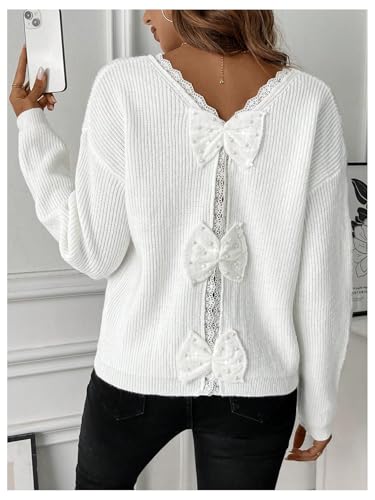 Image of GORGLITTER Women's Bow Knot Sweaters Lace Trim Long Sleeve Ribbed V Neck Sweater Pullover
