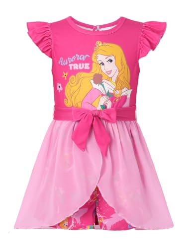 Disney Princess Aurora Toddler Girl Romper With Tulle Skirt Overlay Ruffle Sleeves Jumpsuit with Bow Kids One Piece Outfit Summer Clothes 3T