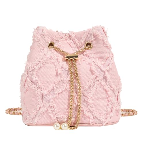 Denim Bucket Bag Quilted Drawstring Shoulder Handbag Jean Crossbody Purses Hobo Handbag with Chain Strap