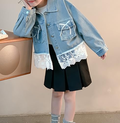 ASHER FASHION Cute Lace Denim Jacket For Girls Long Sleeve Patchwork Jeans Jackets Casual Front Pockets with Bow Fall2
