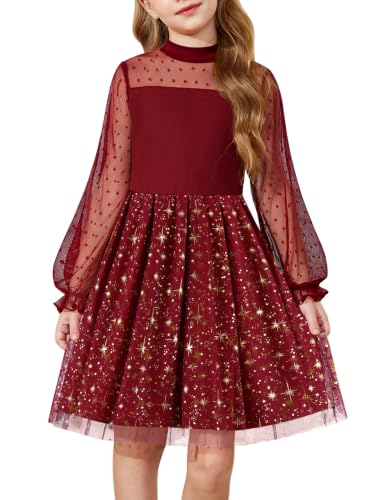 Image of Arshiner Girls Dresses Contrast Mesh Puff Long Sleeve Formal Party Dress