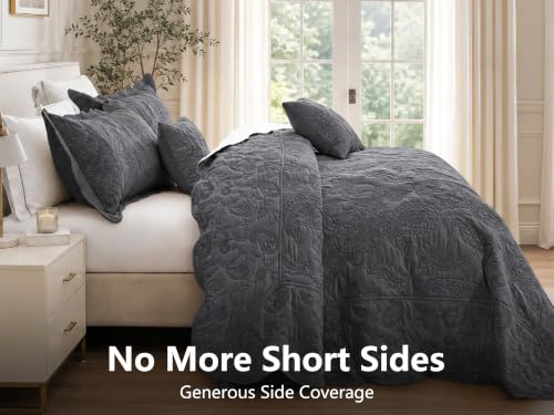 Image of HZ & HY Oversized Queen Bedspreads, Stitched Paisley, Dark Grey