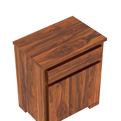 Image of Solid Sheesham Wood Bedside Table with 1 Drawer & 1 Door Storage, End Table, Side Table for Bedroom, Living Room, Home (Natural Finish)