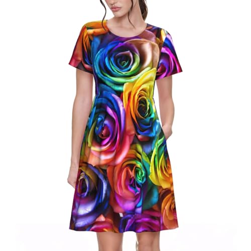 Robe d'été mi-longue manches courtes robe fleurie arc-en-ciel femme