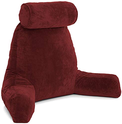 Husband Pillow XXL Maroon Backrest with Arms - Adult Reading Pillow with Shredded Memory Foam, Ultra-Comfy Removable Microplush Cover & Detachable Neck Roll, Unmatched Support Bed Rest Sit Up Pillow