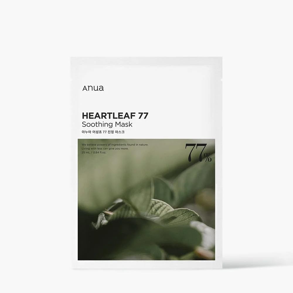Anua Heartleaf 77% Soothing Sheet Mask 25ml / 0.84 fl.oz. I microfiber sheets, hydrating, moisturizing, calming (10pc), green