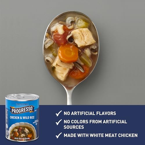 Image of Progresso Traditional Chicken & Wild Rice Canned Soup, Gluten Free, 19 oz | Hearty vegetables & wild rice, 80 calories per serving, Low fat, No artificial flavors or colors, Ready to serve