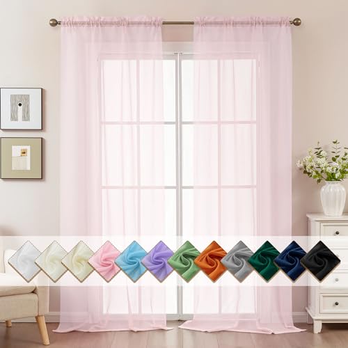 Image of Pink Sheer Curtains 108 Inches Extra Long, Privacy Semi Sheer Curtains for Living Room Bedroom, Light Filtering Rod Pocket Voile Window Drapes 2 Panels Set, Each 42 inch W x 108 inch L
